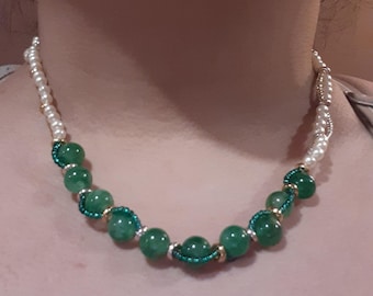 Handmade Green Quartz & Vintage Pearl Necklace – One of a Kind Jewelry