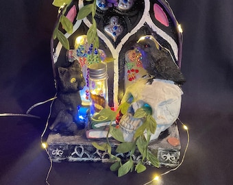 Hand-Painted Gothic Acrylic Altar – Cat, Raven, Butterfly Wing Jar & Glow Stone