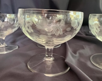 Vintage Etched Glass Dessert Cups - Mid-Century Geometric Sherbet Dishes - Set of 4