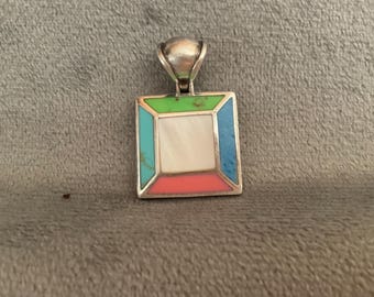 Vintage Sterling Silver Inlay Pendant Multicolor Geometric Southwestern Style 925