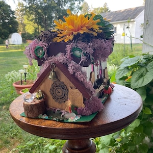 Fairy House with Lights – Handmade Woodland Cottage with Sunflowers, Owl & Mushrooms – Light-Up Fairy Garden Decor