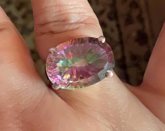 Large Oval Mystic Topaz Ring in Sterling Silver Size 8 | Rainbow Aurora Cocktail Ring | Y2K Statement Jewelry