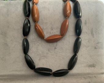 Cognac & Black Wooden Bead Necklace Pair: Boho Ribbon Tie-Back