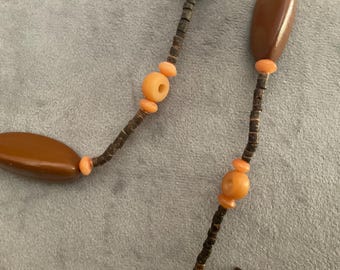 34” Vintage 1990s Wood Bead & Macramé Necklace – Earthy Boho Long Strand
