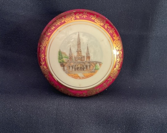 Vintage Limoges Porcelain Trinket Box: Church Motif, Burgundy Rim