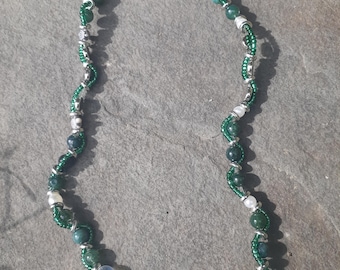 Mermaid Green Iridescent Glass Beaded Choker Necklace with Silver Turtle Accents – Handmade Ocean Jewelry
