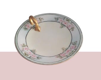 Vintage Limoges Handled Plate – Shabby Chic Floral Porcelain with Gold Handle chipped
