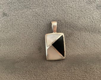 Vintage Sterling Silver Geometric Pendant Black White Modernist Minimalist 925 Necklace Charm