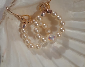 Handmade Beaded Dangle Earrings: Faux Pearl & Iridescent Yellow Gem