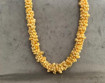 40” Yellow Shell Beaded Necklace with Ribbon Tie Closure – Boho Coastal Statement Jewelry