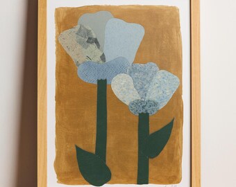 青い花のミックスメディアコラージュプリント