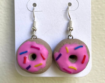Pink Frosted Donut With Sprinkles Foodie Dangle Earrings