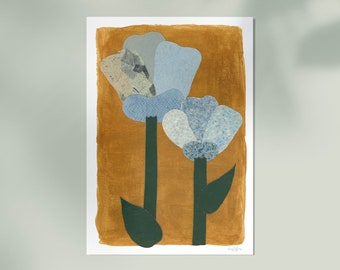 Blue Flowers Mixed Media Collage Print
