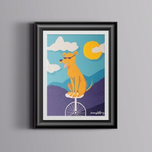 Dog on Unicycle Print Yellow Lab