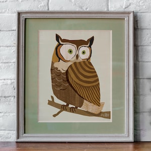 Great Horned Owl Print | Whimsical Woodland Nursery Art | Kids Room Decor | Vintage-Inspired Collage | Beige or Green Background