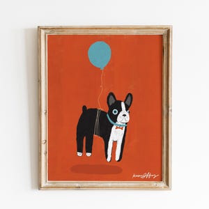 Boston Terrier Dog With Balloon Print | Kids Room Art | Nursery Wall Decor | Whimsical Animal Illustration