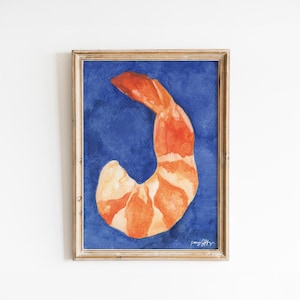 Cooked Shrimp Art Print | Prawn Watercolor Painting | Coastal Cuisine Seafood Illustration | Eclectic Beach House Kitchen Bar | Foodie Gift