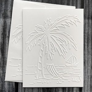 Tropical Beach Cards, White Embossed Card Set, Beach Note Card, Greeting Card, Beach Chair, Palm Tree, Tropical, Caribbean, Summer, Vacation