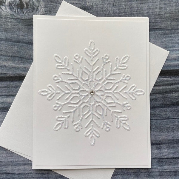 Beautiful Snowflake Cards, Set of 4, White Embossed Christmas Cards, Glittery, Christmas Note Cards, Winter Stationary, Sparkly Snowflake