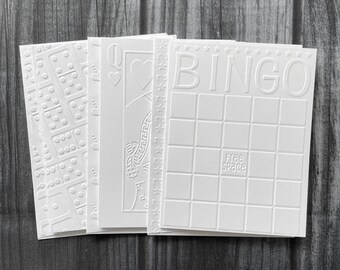 Cartões temáticos de jogos, conjunto de 6, cartões brancos em relevo, cartões inovadores, bingo, dominó, rainha de copas, festa, sortido, convites, noite de jogos