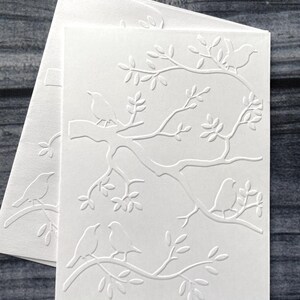 Birds on Branches, Blank Note Cards, Bird Theme Cards, Greeting Cards, Stationery Set, White Embossed Note Cards, Gift Set