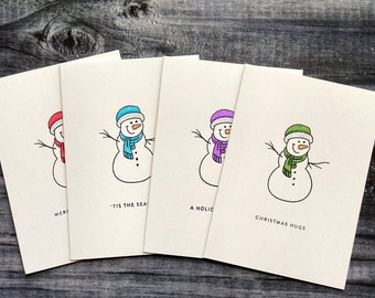 Snowman Note Cards, Set of 4, Christmas Card Set, Holiday Note Card (3 1/2" x 4 7/8"), Merry Christmas, Snowman, Winter, Christmas Cards