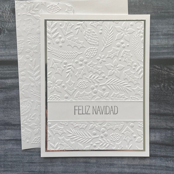 Feliz Navidad, Spanish Card, Felices Fiestas, Merry Christmas, White Embossed Card, Gold, Silver, Note Card, Greeting Card, Festive, Holiday