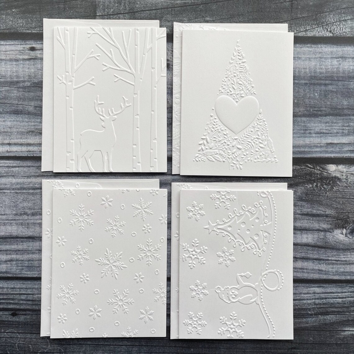 14 Assorted Christmas Card Set, White Embossed Holiday Cards, 14