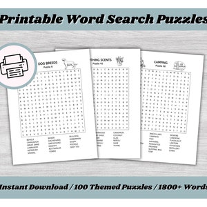 May include: A printable word search puzzle set with three different themes: Dog Breeds, Camping, and Scents. Each puzzle has a grid of letters with words to find related to the theme. The puzzles are black and white.