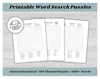 Word Search Puzzles | 100 Themed Puzzles | Instant Download | Large Print | High Resolution | Kids, Adults, and Seniors | Includes Solutions
