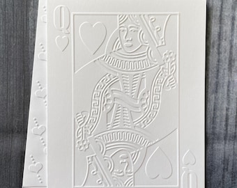Queen of Hearts Card Set, White Embossed Note Cards, Blank Greeting Card, Queen of Hearts, Blank Stationery Set, Party, Game Night, Gift Set