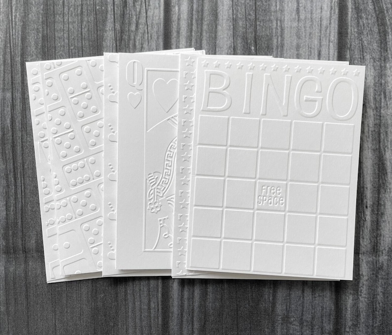 Cartões temáticos de jogos, conjunto de 6, cartões brancos em relevo, cartões inovadores, bingo, dominó, rainha de copas, festa, sortido, convites, noite de jogos imagem 1