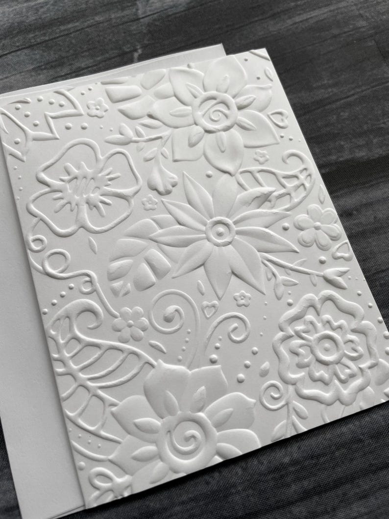 Assorted Floral Cards, Set of 5, White Embossed Note Cards, 3D Floral ...