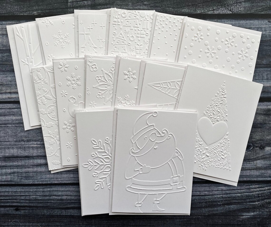 14 Assorted Christmas Card Set, White Embossed Holiday Cards, 14