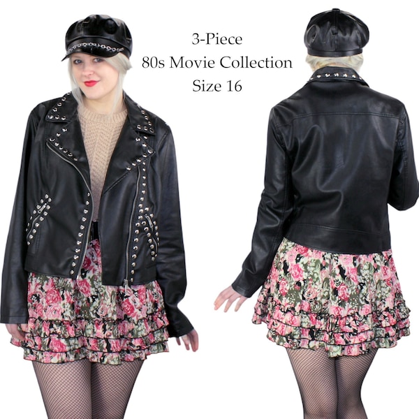 80s Movies Costume Collection - 3 Piece Faux Leather Studded Jacket, Chained Cap, and Floral Mini Skirt - Size 16