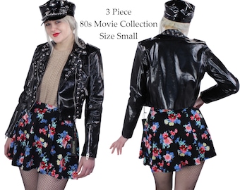 80s Movies Costume Collection - 3 Piece Patent Leather NWT Jacket, Chained Cap, and Floral Mini Skirt - Small