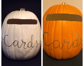 Cardholder 13" Soft White color or Orange color pumpkin with a plain slot and cards written in gold, silver or black