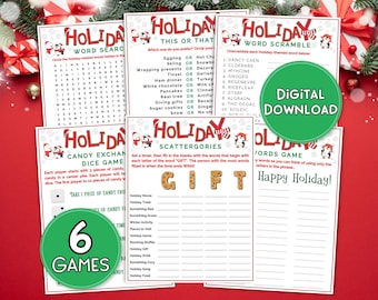 May include: Six printable holiday game cards featuring a penguin theme. The games include a word search, word scramble, scattergories, a dice game, and a word game. The cards are white with red and green accents.