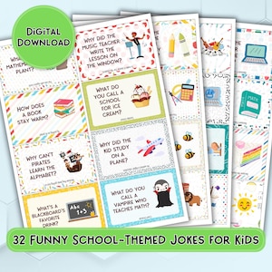 32 Funny Back-to-School Lunch Box Notes with Jokes | Printable School-Themed Notes for Kids | Elementary Lunchbox Humor Notes Pack