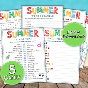Colorful Summer Games Bundle - 5 Summer-themed games for Last Day of School Fun - Printable Games for Summer Camp - Printable Games for Kids