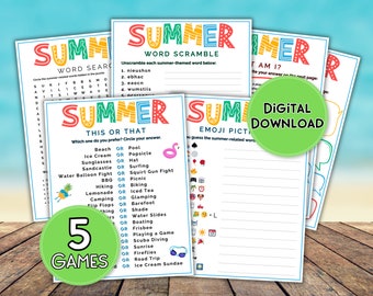 Colorful Summer Games Bundle - 5 Summer-themed games for Last Day of School Fun - Printable Games for Summer Camp - Printable Games for Kids