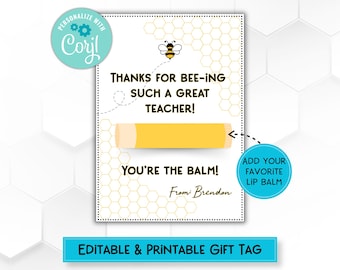 You're the Balm Thank You Card, Thank You Lip Balm Gift Tag for Teacher, Thank You Gift for Teachers, Year End Thank You Gift Tag