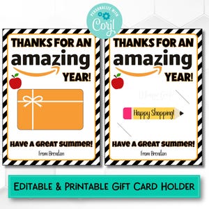 Thanks for an Amazing Year Gift Card Holder for Teacher - Teacher Thank You Gift - End of School Year Gift - Teacher Appreciation Printable