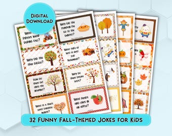 May include: A set of 32 printable fall-themed joke cards for kids. Each card features a colorful illustration and a funny joke. The cards are perfect for a classroom activity, party game, or just for fun.