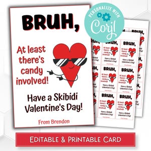 Editable and Printable Bruh Valentine's Day Card | Classroom Valentine Cards from Boys | Funny Valentine's Day Cards for Classmates