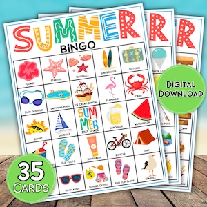 Colorful Summer Bingo Game - 35 Beachy Cards for Last Day of School Fun - Printable Game for Summer Camp - Printable Games for Kids