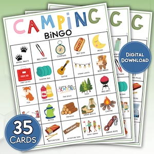 Camping Bingo Game - 35 Colorful Cards for Outdoor Fun - Printable Activities for Kids - Family Camping Games - Instant Download