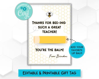 Personalized Teacher Thank You Card: Lip Balm Gift Tag (Digital Download)