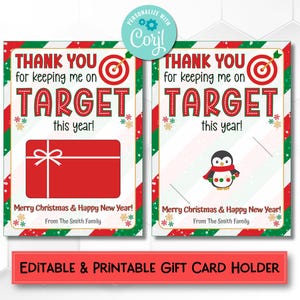 Thanks for Keeping me on Target Gift Card Holder for Christmas | Printable Teacher Thank You Gift | Editable Staff Appreciation Holiday Card
