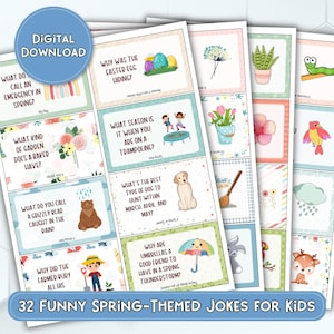 32 Printable Spring Lunch Box Notes with Jokes | Funny Lunch Box Jokes for Kids | Spring-themed Lunchbox Cards with Jokes for Kids